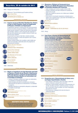 11h30 Dimensione a Eficiência da Estruturação de um
    Terça-feira, 25 de outubro de 2011                                                    Programa para Middle Management para Potencializar
                                                                                   CASE   os Resultados Almejados pela Corporação
08h30 Recepção dos Participantes                                                          •		Avalie estratégias para motivar as equipes através do líder
                                                                                          •		Conheça a importância de utilizar indicadores de resultado da
08h50 Abertura do 1º dia de Conferência pelo Presidente de Mesa                              equipe como um todo
                                                                                          •		Saiba como trabalhar em parceria com os líderes para o feedback
      Edison Costa Porto
                                                                                             bilateral efetivo
      Diretor de Finanças e Contratos
                                                                                          •		Como instruir a comunicação transparente e motivadora entre a
      CENTROPROJEKT DO BRASIL S/A
                                                                                             equipe e com os gestores entre si, para evitar mal-entendidos e um
                                                                                             clima organizacional negativo?
                       OPENNING SESSION
                                                                                          Otto Silva Jr.
                                                                                          Diretor de RH
09h00 O que faz com que um líder lidere? Qual Deve Ser a Postura
                                                                                          NOVELIS SOUTH AMÉRICA
        do Líder na Atual Conjuntura, diante da Complexidade
        de Relações e Atividades nas Organizações?                                        Célia Dutra
        O significado de Liderança é conhecido pela maior parte das pessoas:              Superintendente de RH
        processo de conduzir um grupo de indivíduos, transformando-o numa                 COMGÁS – COMPANHIA DE GÁS DE SÃO PAULO
        equipe que gera resultados. Os líderes são diretamente responsáveis
        pela estratégia e objetivos a serem alcançados pela organização. O          12h30 Almoço
        líder deve estar preparado para os desafios, inclusive os futuros, que
        ainda não foram mapeados.
        O que de fato faz com que um líder lidere e obtenha resultados              13h30 Como Tornar o Processo de Desenvolvimento de
        através de suas equipes? A certeza mais aparente é que o sucesso                  Líderes Sustentável e Constante, Considerando
        não acontece por acaso.                                                           Questões Oscilantes como Budget e Crescimento
        Conheça a opinião de líderes bem sucedidos e avalie medidas que                   do Concorrencial do Mercado?
        podem ser incorporadas e repensadas dentro dos programas de                       A carência de líderes prontos no mercado remete a necessidade de
        desenvolvimento de líderes.                                                       os mesmos serem desenvolvidos pelas empresas, para atenderem
        Eugênio Liberatori Velasques                                                      as reais necessidades. Entretanto, muitas vezes, um programa
        Diretor Executivo                                                                 bem estruturado e fundamentado, com potencial de formar líderes
        BRADESCO VIDA E PREVIDÊNCIA                                                       efetivos, passa por problemas relacionados à diminuição de budget
                                                                                          ou crescimento acirrado do mercado. Como garantir a manutenção e
        Paulo de Tarso Camurugi                                                           a continuidade dos programas, driblando os desafios citados? Quais
        Chief of Brasilian Operations                                                     podem ser as alternativas?
        CABRAL WORLD WIDE                                                                 Wesley Soares de Oliveira
        João Machado da Conceição                                                         Gerente de Desenvolvimento e Treinamento
        Diretor Presidente                                                                ARCOS DOURADOS – MCDONALD´S
        GRUPO JOMACON                                                                     Otto Silva Jr.
                                                                                                                                             PAINEL
        Marcos Andrade                                                                    Diretor de RH
        Vice-Presidente                                                                   NOVELIS SOUTH AMÉRICA
        EXPOR MANEQUINS                                                                   Alcino Therezo Jr.
                                                                                          Diretor de Recursos Humanos
10h00 Coffee Break                                                                        SANTOS BRASIL

                           CASE SESSION                                                   Neusa Neves
                                                                                          Diretora Corporativa de Recursos Humanos – Latin America
10h30 Mapeie as Competências de Líder Requeridas pelo Perfil                              MERCER
        da Empresa e Visualize de que Maneira o Departamento
        de RH pode Estruturar o Programa de Desenvolvimento,
                                                                                                            MESA REDONDA
        Oferecendo Eficientes Métodos em Conformidade com
        as Estratégias da Instituição
                                                                                    14h30 Perspectivas para o Desenvolvimento de Líderes com e
        • Conheça os indicadores utilizados para mapear nos colaboradores
                                                                                          sem Equipe: Especificidades e Desafios
           as competências requeridas pela instituição
        •		Avalie estratégias que podem ser adotadas para contemplar o                    •		Como identificar colaboradores, dentro das equipes, capazes de
           desenvolvimento de aspectos de comportamento e /ou habilidade                     motivar e influenciar os demais? Como instruí-los?
           no programa                                                                    •		Quais são os maiores desafios enfrentados no desenvolvimento, de
        •		Identifique indicadores de desempenho adequados à complexidade                    um lado, dos líderes que fazem a gestão das pessoas, e de outro
           do trabalho de cada função                                                        lado, os que devem motivar as equipes, sem serem responsáveis
                                                                                             pela gestão das mesmas?
        Antônio Russo
                                                                                          •		Como deveria ser a integração entre estes dois tipos de
        Business Partner de RH para America Latina
                                                                                             profissionais/ líderes?
        DOW AGROSCIENCES
                                                                                          Roberto R. B. Martins
        Américo Garbuio Júnior                                                            Gerente de Recursos Humanos
        Diretor de Desenvolvimento Humano e Organizacional                                SOCIEDADE PORTUGUESA DE BENEFICÊNCIA
        SCHINCARIOL
                                                                                          Cristian Parada
                                                                                          Diretor de RH para América Latina
                                                                                          ACS, A XEROX COMPANY
                  DESCONTO PARA GRUPOS
        A IBC tem uma política diferenciada de descontos para grupos.                     Marcos Vono
           Venha com a sua equipe participar deste evento e usufrua                       Diretor de RH e Carreiras
            de uma condição especial de pagamento. Consulte-nos!                          GRUPO IBMEC



                                                                                 INFORMAÇÕES E INSCRIÇÕES: Telefone (11) 3017.6888
 