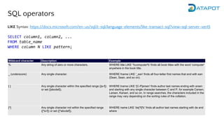 SQL operators
LIKE Syntax: https://docs.microsoft.com/en-us/sql/t-sql/language-elements/like-transact-sql?view=sql-server-ver15
SELECT column1, column2, ...
FROM table_name
WHERE column N LIKE pattern;
Wildcard character Description Example
% Any string of zero or more characters. WHERE title LIKE '%computer%' finds all book titles with the word 'computer'
anywhere in the book title.
_ (underscore) Any single character. WHERE fname LIKE '_ean' finds all four-letter first names that end with ean
(Dean, Sean, and so on).
[ ] Any single character within the specified range ([a-f])
or set ([abcdef]).
WHERE lname LIKE '[C-P]arsen' finds author last names ending with arsen
and starting with any single character between C and P, for example Carsen,
Larsen, Karsen, and so on. In range searches, the characters included in the
range may vary depending on the sorting rules of the collation.
[^] Any single character not within the specified range
([^a-f]) or set ([^abcdef]).
WHERE name LIKE 'de[^l]%' finds all author last names starting with de and
where
 