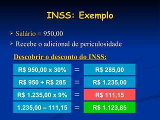 INSS: Exemplo Salário =  950,00 Recebe o adicional de periculosidade R$ 285,00 Descobrir o desconto do INSS: R$ 1.235,00 R$ 111,15 R$ 1.123,85 R$ 950,00 x 30% = R$ 950 + R$ 285 = R$ 1.235,00 x 9% = 1.235,00 – 111,15 = 