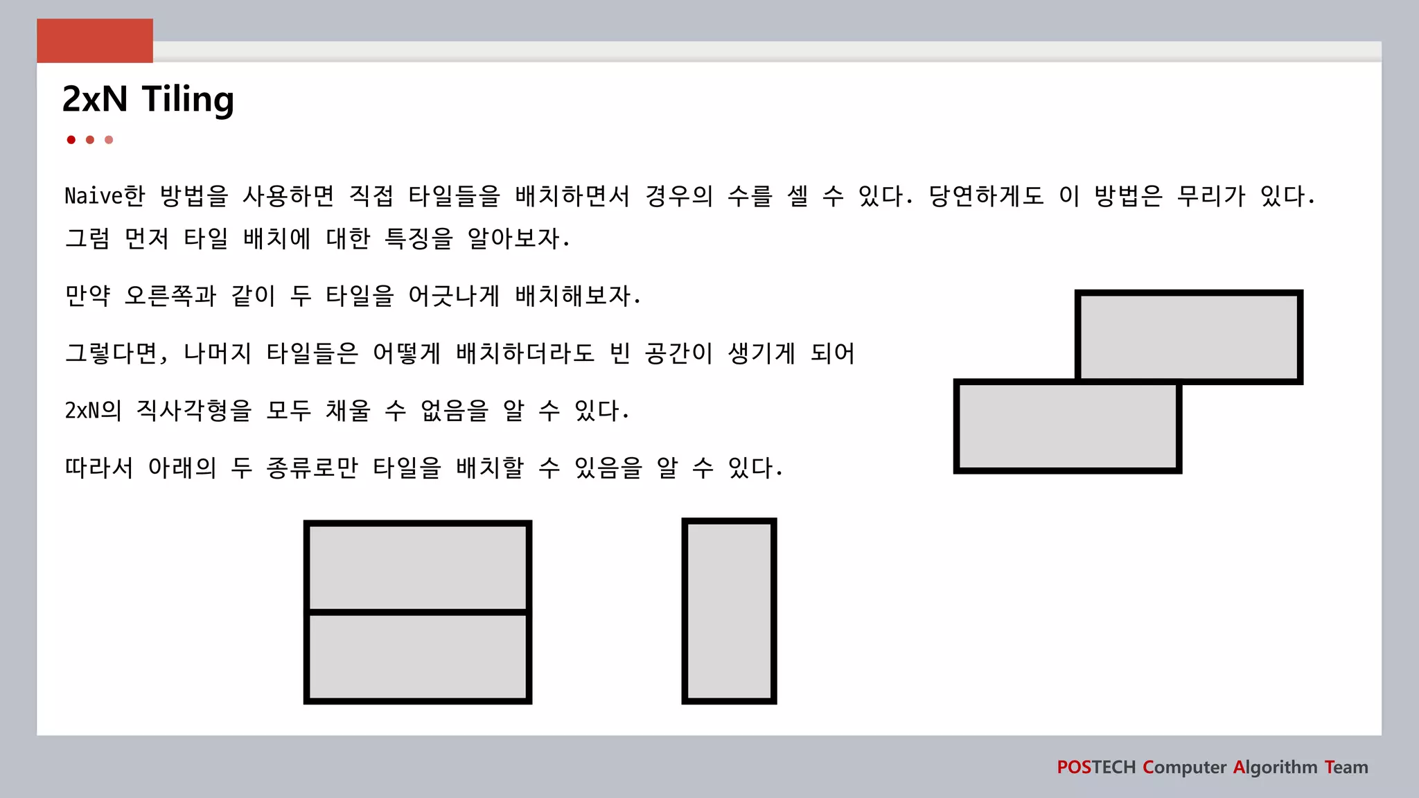 POSTECH Computer Algorithm Team
Naive한 방법을 사용하면 직접 타일들을 배치하면서 경우의 수를 셀 수 있다. 당연하게도 이 방법은 무리가 있다.
그럼 먼저 타일 배치에 대한 특징을 알아보자.
만약 오른쪽과 같이 두 타일을 어긋나게 배치해보자.
그렇다면, 나머지 타일들은 어떻게 배치하더라도 빈 공간이 생기게 되어
2xN의 직사각형을 모두 채울 수 없음을 알 수 있다.
따라서 아래의 두 종류로만 타일을 배치할 수 있음을 알 수 있다.
2xN Tiling
 