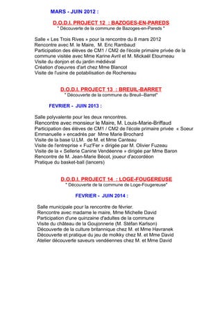 MARS - JUIN 2012 :
D.O.D.I. PROJECT 12 : BAZOGES-EN-PAREDS
" Découverte de la commune de Bazoges-en-Pareds "
Salle « Les Trois Rives » pour la rencontre du 8 mars 2012
Rencontre avec M. le Maire, M. Eric Rambaud
Participation des élèves de CM1 / CM2 de l'école primaire privée de la
commune visitée avec Mme Karine Avril et M. Mickaël Etourneau
Visite du donjon et du jardin médiéval
Création d'oeuvres d'art chez Mme Blancot
Visite de l'usine de potabilisation de Rochereau
D.O.D.I. PROJECT 13 : BREUIL-BARRET
" Découverte de la commune du Breuil--Barret"
FEVRIER - JUIN 2013 :
Salle polyvalente pour les deux rencontres.
Rencontre avec monsieur le Maire, M. Louis-Marie-Briffaud
Participation des élèves de CM1 / CM2 de l'école primaire privée « Soeur
Emmanuelle » encadrés par Mme Marie Brochard
Visite de la base U.LM. de M. et Mme Canteau
Visite de l'entreprise « Fuz'Fer » dirigée par M. Olivier Fuzeau
Visite de la « Sellerie Canine Vendéenne » dirigée par Mme Baron
Rencontre de M. Jean-Marie Bécot, joueur d'accordéon
Pratique du basket-ball (lancers)
D.O.D.I. PROJECT 14 : LOGE-FOUGEREUSE
" Découverte de la commune de Loge-Fougereuse"
FEVRIER - JUIN 2014 :
Salle municipale pour la rencontre de février.
Rencontre avec madame le maire, Mme Michelle David
Participation d'une quinzaine d'adultes de la commune
Visite du château de la Goujonnerie (M. Stéfan Karlson)
Découverte de la culture britannique chez M. et Mme Havranek
Découverte et pratique du jeu de molkky chez M. et Mme David
Atelier découverte saveurs vendéennes chez M. et Mme David
 