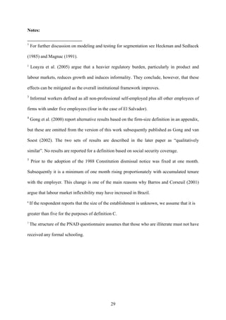 Notes: 
1 For further discussion on modeling and testing for segmentation see Heckman and Sedlacek 
(1985) and Magnac (1991). 
2 Loayza et al. (2005) argue that a heavier regulatory burden, particularly in product and 
labour markets, reduces growth and induces informality. They conclude, however, that these 
effects can be mitigated as the overall institutional framework improves. 
3 Informal workers defined as all non-professional self-employed plus all other employees of 
firms with under five employees (four in the case of El Salvador). 
4 Gong et al. (2000) report alternative results based on the firm-size definition in an appendix, 
but these are omitted from the version of this work subsequently published as Gong and van 
Soest (2002). The two sets of results are described in the later paper as “qualitatively 
similar”. No results are reported for a definition based on social security coverage. 
5 Prior to the adoption of the 1988 Constitution dismissal notice was fixed at one month. 
Subsequently it is a minimum of one month rising proportionately with accumulated tenure 
with the employer. This change is one of the main reasons why Barros and Corseuil (2001) 
argue that labour market inflexibility may have increased in Brazil. 
6 If the respondent reports that the size of the establishment is unknown, we assume that it is 
greater than five for the purposes of definition C. 
7 The structure of the PNAD questionnaire assumes that those who are illiterate must not have 
received any formal schooling. 
29 
 