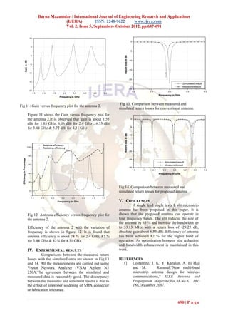 Barun Mazumdar / International Journal of Engineering Research and Applications
                                                            (IJERA)           ISSN: 2248-9622     www.ijera.com
                                                            Vol. 2, Issue 5, September- October 2012, pp.687-691

                                  10
                                                                                                                                 0

                                      5

                                                                                                                                 -5

                                      0




                                                                                                            Return loss in dB
                                                                                                                                -10
                   Gain in dBi




                                  -5

                                                                                                                                -15
                                 -10


                                                                                                                                -20
                                 -15
                                                                                                                                                                                 Simulated result
                                                                                                                                                                                 Measuredresult
                                                                                                                                -25
                                 -20                                                                                                  2.0         2.5              3.0              3.5             4.0
                                          1.5     2.0      2.5       3.0    3.5      4.0    4.5    5.0
                                                                                                                                                          Frequency in GHz
                                                                  Frequecy in GHz


                                                                                                          Fig 13. Comparison between measured and
Fig 11: Gain versus frequency plot for the antenna 2.
                                                                                                         simulated return losses for conventional antenna.
                                 Figure 11 shows the Gain versus frequency plot for
                                 the antenna 2.It is observed that gain is about 1.55                                            0

                                 dBi for 1.85 GHz, 6.06 dBi for 2.4 GHz , 6.53 dBi
                                                                                                                                 -5
                                 for 3.44 GHz & 5.72 dBi for 4.31 GHz.
                                                                                                            Return loss in dB


                                                                                                                                -10



                                                                                                                                -15
                                                   Antenna efficiency
                             100                   Radiating efficiency
                                                                                                                                -20

                                 80
  Efficiency in Percentage




                                                                                                                                -25
                                                                                                                                                              Simulated result
                                 60                                                                                                                           Measuredresult
                                                                                                                                -30
                                                                                                                                      1.5   2.0     2.5      3.0         3.5      4.0     4.5       5.0
                                 40                                                                                                                       Frequency in GHz


                                 20

                                                                                                         Fig 14. Comparison between measured and
                                  0
                                                                                                         simulated return losses for proposed antenna
                                      1.5        2.0      2.5      3.0     3.5      4.0    4.5    5.0
                                                                 Frequency in Ghz                        V. CONCLUSION
                                                                                                                  A single feed single layer L slit microstrip
                                                                                                         antenna has been proposed in this paper. It is
                                 Fig 12: Antenna efficiency versus frequency plot for                    shown that the proposed antenna can operate in
                                 the antenna 2.                                                          four frequency bands. The slit reduced the size of
                                                                                                         the antenna by 63 % and increase the bandwidth up
                                 Efficiency of the antenna 2 with the variation of                       to 53.13 MHz with a return loss of -29.25 dB,
                                 frequency is shown in figure 12. It is found that                       absolute gain about 6.53 dBi .Efficiency of antenna
                                 antenna efficiency is about 78 % for 2.4 GHz, 87 %                      has been achieved 82 % for the higher band of
                                 for 3.44 GHz & 82% for 4.31 GHz.                                        operation. An optimization between size reduction
                                                                                                         and bandwidth enhancement is maintained in this
                                 IV. EXPERIMENTAL RESULTS                                                work.
                                          Comparisons between the measured return
                                 losses with the simulated ones are shown in Fig.13                      REFERENCES
                                 and 14. All the measurements are carried out using                        [1]                        Costantine, J. K. Y. Kabalan, A. El Hajj
                                 Vector Network Analyzer (VNA) Agilent N5                                                             and M.         Rammal,“New multi-band
                                 230A.The agreement between the simulated and                                                         microstrip antenna design for wireless
                                 measured data is reasonably good. The discrepancy                                                    communications,” IEEE Antenna and
                                 between the measured and simulated results is due to                                                 Propagation Magazine,Vol.48,No.6, 181-
                                 the effect of improper soldering of SMA connector                                                    186,December 2007.
                                 or fabrication tolerance.


                                                                                                                                                                               690 | P a g e
 