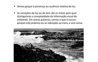  Vemos graças à presença ou ausência relativa de luz.

 As variações de luz ou de tom são os meios pelo qual
  distinguimos a complexidade da informação visual do
  ambiente. Em outras palavras, vemos o que é escuro
  porque está próximo ou se sobrepõe ao claro, e vice-versa.
 