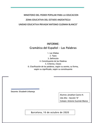 1
16
MINISTERIO DEL PODER POPULAR PARA LA EDUCACION
ZONA EDUCATIVA DEL ESTADO ANZOATEGUI
UNIDAD EDUCATIVA PRIVADA“ANTONIO GUZMAN BLANCO”
Docente: Elizabeth Urbaneja
Alumno: Jonathan Castro H.
2do Año – Sección “A”
Colegio: Antonio Guzmán Blanco
Barcelona, 16 de octubre de 2020
INFORME:
Gramática del Español – Las Palabras
1. Las Sílabas
2. Tipos
3. Definición
4. Constituyente de las Palabras
5. Criterios, Clases
6. Clasificación de las palabras, según su acento, su forma,
según su significado, según su constituyente
 