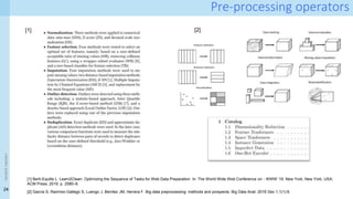 24
Pre-processing operators
<event
name>
[1] Berti-Equille L. Learn2Clean: Optimizing the Sequence of Tasks for Web Data Preparation. In: The World Wide Web Conference on - WWW ’19. New York, New York, USA:
ACM Press; 2019. p. 2580–6.
[1]
[2] García S, Ramírez-Gallego S, Luengo J, Benítez JM, Herrera F. Big data preprocessing: methods and prospects. Big Data Anal. 2016 Dec 1;1(1):9.
[2]
 