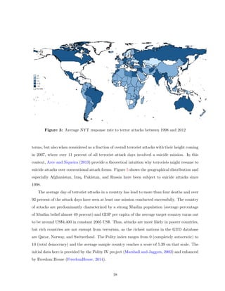 Figure 3: Average NYT response rate to terror attacks between 1998 and 2012
terms, but also when considered as a fraction of overall terrorist attacks with their height coming
in 2007, where over 11 percent of all terrorist attack days involved a suicide mission. In this
context, Arce and Siqueira (2013) provide a theoretical intuition why terrorists might resume to
suicide attacks over conventional attack forms. Figure 5 shows the geographical distribution and
especially Afghanistan, Iraq, Pakistan, and Russia have been subject to suicide attacks since
1998.
The average day of terrorist attacks in a country has lead to more than four deaths and over
92 percent of the attack days have seen at least one mission conducted successfully. The country
of attacks are predominantly characterized by a strong Muslim population (average percentage
of Muslim belief almost 49 percent) and GDP per capita of the average target country turns out
to be around US$4,400 in constant 2005 US$. Thus, attacks are more likely in poorer countries,
but rich countries are not exempt from terrorism, as the richest nations in the GTD database
are Qatar, Norway, and Switzerland. The Polity index ranges from 0 (completely autocratic) to
10 (total democracy) and the average sample country reaches a score of 5.39 on that scale. The
initial data here is provided by the Polity IV project (Marshall and Jaggers, 2002) and enhanced
by Freedom House (FreedomHouse, 2014).
18
 