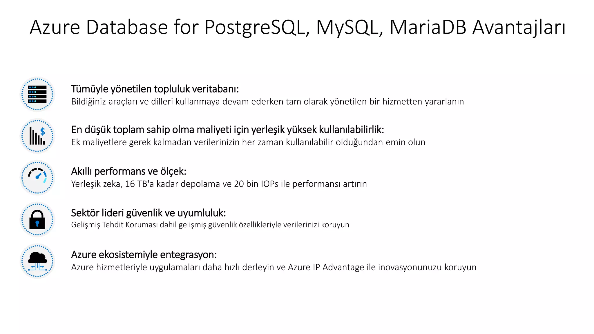 Azure Database for PostgreSQL, MySQL, MariaDB Avantajları
Tümüyle yönetilen topluluk veritabanı:
Bildiğiniz araçları ve dilleri kullanmaya devam ederken tam olarak yönetilen bir hizmetten yararlanın
En düşük toplam sahip olma maliyeti için yerleşik yüksek kullanılabilirlik:
Ek maliyetlere gerek kalmadan verilerinizin her zaman kullanılabilir olduğundan emin olun
Akıllı performans ve ölçek:
Yerleşik zeka, 16 TB'a kadar depolama ve 20 bin IOPs ile performansı artırın
Sektör lideri güvenlik ve uyumluluk:
Gelişmiş Tehdit Koruması dahil gelişmiş güvenlik özellikleriyle verilerinizi koruyun
Azure ekosistemiyle entegrasyon:
Azure hizmetleriyle uygulamaları daha hızlı derleyin ve Azure IP Advantage ile inovasyonunuzu koruyun
 