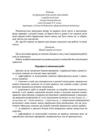 Робота
на державну підсумкову атестацію
з української мови
за курс базової школи
учня (учениці) 9-А класу
(прізвище, ім'я та по батькові у формі родового відмінка)
Рекомендується записувати автора чи джерело після тексту в наступному
рядку праворуч з великої літери, не беручи його в дужки й не ставлячи після
нього крапки (тобто оформлення такого запису має бути таким, як і в збірни­
кові текстів для диктантів).
На другій сторінці на перших двох рядках записують вид роботи та назву
тексту:
Диктант
Перші українські книги
Після заголовків крапку не ставлять. Кількість слів у тексті наприкінці роботи
учні не зазначають.
Роботу потрібно виконувати кульковою ручкою із синім (або його відтінками)
чорнилом.
Перевірка й оцінювання робіт
Диктант, як це і визначено чинною програмою з української мови, оцінюєть­
ся однією оцінкою на підставі таких критеріїв:
• орфографічні та пунктуаційні помилки обраховуються разом і оціню­
ються однаково;
• помилки в слові, яке повторюється в диктанті кілька разів, вважаються
однією помилкою; помилки на те саме правило, але в різних словах і різних
реченнях вважаються різними помилками;
• розрізняють грубі та негрубі помилки; до негрубих помилок відносять:
винятки з усіх правил; написання великої літери в складних власних назвах;
правопис прислівників, утворених від іменників з прийменниками; у випадках,
що вимагають розрізнення не і ні (у сполученнях на кшталт не хто інший, як...;
не що інше, як...; ніхто інший не...; ніщо інше не...); заміна одного співвідносного
розділового знака іншим; заміна українських букв російськими; під час оста­
точного обрахунку помилок дві негрубі помилки вважаються однією грубою;
• за наявності в диктанті більше п'яти виправлень оцінка знижується на
один бал;
• орфографічні та пунктуаційні помилки на правила, вивчення яких не
передбачено шкільною програмою, виправляються, але не враховуються.
5
 