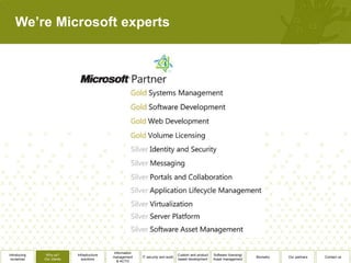 We’re Microsoft experts




                                              Information
Introducing    Why us?      Infrastructure                                          Custom and product   Software licensing/
                                             management     IT security and audit                                              Biometry   Our partners   Contact us
 ourselves    Our clients      solutions                                            based development    Asset management
                                                & ACTO
 