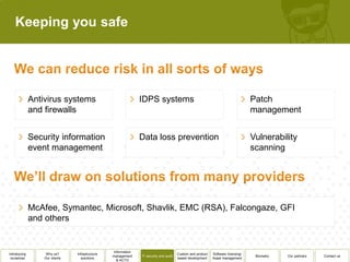 Keeping you safe




              Antivirus systems                                 IDPS systems                                                       Patch
              and firewalls                                                                                                        management


              Security information                              Data loss prevention                                               Vulnerability
              event management                                                                                                     scanning




              McAfee, Symantec, Microsoft, Shavlik, EMC (RSA), Falcongaze, GFI
              and others


                                                  Information
Introducing        Why us?      Infrastructure                                          Custom and product   Software licensing/
                                                 management     IT security and audit                                               Biometry   Our partners   Contact us
 ourselves        Our clients      solutions                                            based development    Asset management
                                                    & ACTO
 