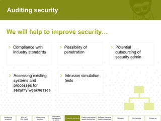 Auditing security




              Compliance with                                  Possibility of                                                     Potential
              industry standards                               penetration                                                        outsourcing of
                                                                                                                                  security admin



              Assessing existing                               Intrusion simulation
              systems and                                      tests
              processes for
              security weaknesses




                                                 Information
Introducing       Why us?      Infrastructure                                          Custom and product   Software licensing/
                                                management     IT security and audit                                               Biometry   Our partners   Contact us
 ourselves       Our clients      solutions                                            based development    Asset management
                                                   & ACTO
 