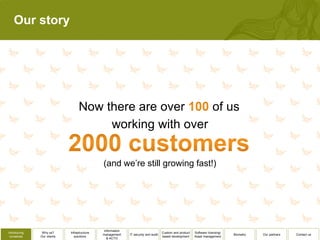 Our story




                                  Now there are over     of us
                                       working with over


                                             (and we’re still growing fast!)




                                              Information
Introducing    Why us?      Infrastructure                                          Custom and product   Software licensing/
                                             management     IT security and audit                                              Biometry   Our partners   Contact us
 ourselves    Our clients      solutions                                            based development    Asset management
                                                & ACTO
 