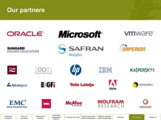 Our partners




                                              Information
Introducing    Why us?      Infrastructure                                          Custom and product   Software licensing/
                                             management     IT security and audit                                              Biometry   Our partners   Contact us
 ourselves    Our clients      solutions                                            based development    Asset management
                                                & ACTO
 