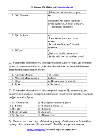 Усі збірники ДПА 2019 на сайті https://erudyt.net
https://erudyt.net/ - освітній портал «Ерудит.нет»
Дай серцю відпочить од ран.
2. О.С.Пушкін б)
Бажання!..Чи варто даремно і
вічно бажать?..А роки минають
— найкращі хвилини!
3. Дж. Байрон в)
Я вас кохав так щиро і так
ніжно,
Як дай вам Бог, щоб інший
покохав.
4. Й.Гете г)
Дівчатко любе, дівча ясне!
Як зір твій сяє: ти любиш мене!
22. Установіть відповідність між персонажами одного твору. До кожного
рядка, позначеного цифрою, доберіть відповідник, позначений буквою.
Навпроти цифри впишіть букву.
1. Євгеній Онєгін а) Цейтл
2. Максим Максимович б) Бела
3. Нора в) Володимир Ленський
4. Тев'є г)Хельмер
23. Установіть відповідність між автором і твором. До кожного рядка,
позначеного цифрою, доберіть відповідник, позначений буквою. Навпроти
цифри впишіть букву.
1. М. Лермонтов а) «Коли розлучаються двоє»
2. Г. Гейне б) «І нудно і сумно…»
3. Й. Гете в) «Гобсек»
4. О. де Бальзак г) «Ревізор»
5. М. Гоголь д) «Прометей»
24. Напишіть есе на тему: «Мужність у тому, аби братися за безнадійну
справу, і йти до кінця». (За романом Г. Лі «Убити пересмішника»).
 