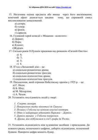 Усі збірники ДПА 2019 на сайті https://erudyt.net
15. Негативна оцінка предмета або явища через його висміювання;
комічний ефект досягається завдяки тому, що справжній смисл
висловлювання замаскований.
а) сатира;
б) гумор;
в) іронія;
г) сарказм.
16. Головний герой комедії « Міщанин –шляхтич»:
а) Дорант;
б) Нора;
в) Клеонт;
г)Журден.
17. Скільки років О.Пушкін працював над романом «Євгеній Онєгін»:
а) 6;
б) 7;
в) 5;
г) 4.
18. П’єса «Ляльковий дім» - це:
а) соціально-романтична драма;
б) соціально-романтична трагедія;
в) соціально-психологічна драма;
г) соціально-психологічна трагедія.
19. Письменник, який отримав Нобелівську премію у 1925 р. – це:
а) Г. Ібсен;
б) Б. Шоу;
в) М. Метерлінк;
г) А. Чехов.
20. Установіть послідовність подій у творі:
1. Смерть лихваря.
2. Повернення спадку віконтесі де Гранльє
3. Позика у Гобсека на купівлю власної контори.
4. Один із найкращих адвокатів Парижа – Дервіль.
5. Дервіль працює у Гобсека повіреним.
6. Драма, яка відбувалася в сім'ї графа де Ресто.
21. Установіть відповідність між художніми засобами і прикладами. До
кожного рядка, позначеного цифрою, доберіть відповідник, позначений
буквою. Навпроти цифри впишіть букву.
 
