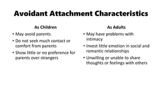 Avoidant Attachment Characteristics
As Children
• May avoid parents
• Do not seek much contact or
comfort from parents
• Show little or no preference for
parents over strangers
As Adults
• May have problems with
intimacy
• Invest little emotion in social and
romantic relationships
• Unwilling or unable to share
thoughts or feelings with others
 
