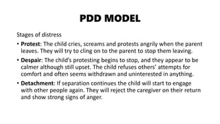 PDD MODEL
Stages of distress
• Protest: The child cries, screams and protests angrily when the parent
leaves. They will try to cling on to the parent to stop them leaving.
• Despair: The child’s protesting begins to stop, and they appear to be
calmer although still upset. The child refuses others’ attempts for
comfort and often seems withdrawn and uninterested in anything.
• Detachment: If separation continues the child will start to engage
with other people again. They will reject the caregiver on their return
and show strong signs of anger.
 