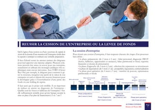 ACTORIA CONSEIL Page
7Dossier de Presse 2016
REUSSIR LA CESSION DE L’ENTREPRISE OU LA LEVEE DE FONDS
Qu’il s’agisse d’une cession ou d’une ouverture de capital, le
secretdelaréussited’unemutationdel’entrepriserésidedans
la capacité à anticiper en réalisant une véritable préparation.
Il faut d’abord cerner les attentes intimes des dirigeants
pour leur apporter une réponse adaptée. Plusieurs solu-
tions peuvent être mises en œuvre pour une entreprise,
notamment en utilisant des montages juridiques très so-
phistiqués mais encore méconnus. Avec l’OBO (Owner
Buy Out) par exemple, le dirigeant peut continuer à gé-
rer sa structure, récupérer une partie de la valeur de son
entreprise en cash et obtenir des moyens financiers pour
la développer grâce à l’externalisation d’une partie des
fonds via une holding de reprise.
Il faut aussi que le projet soit crédible. Il est important
de réaliser en amont un diagnostic de l’entreprise :
Quelles sont les forces et faiblesses de l’entreprise ? Est-
elle suffisamment rentable pour qu’une banque accepte la
mise en place d’un plan de financement à 5 ou 7 ans ?
La cession d’entreprise
Pour réussir une cession d’entreprise, il faut respecter chacune des étapes d’un processus
bien défini :
• la phase préparatoire (de 2 mois à 2 ans) : bilan personnel, diagnostic SWOT
(forces, faiblesses, opportunités et menaces), bilan patrimonial et fiscal, expertise
financière et dossier de présentation
• la phase d’approche (de 3 mois à 2 ans) : sélection des repreneurs ou investisseurs
• la phase de négociations (de 1 mois à 1 an) : pourparlers, négociation, contractualisation
• la phase post-opération (de 0 mois à 3 ans) : transfert de pouvoir, optimisation
patrimoniale et fiscale
 