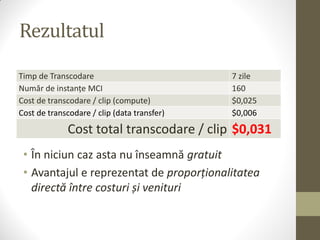 Rezultatul

Timp de Transcodare                          7 zile
Număr de instanțe MCI                        160
Cost de transcodare / clip (compute)         $0,025
Cost de transcodare / clip (data transfer)   $0,006
              Cost total transcodare / clip $0,031
 • În niciun caz asta nu înseamnă gratuit
 • Avantajul e reprezentat de proporționalitatea
   directă între costuri și venituri
 