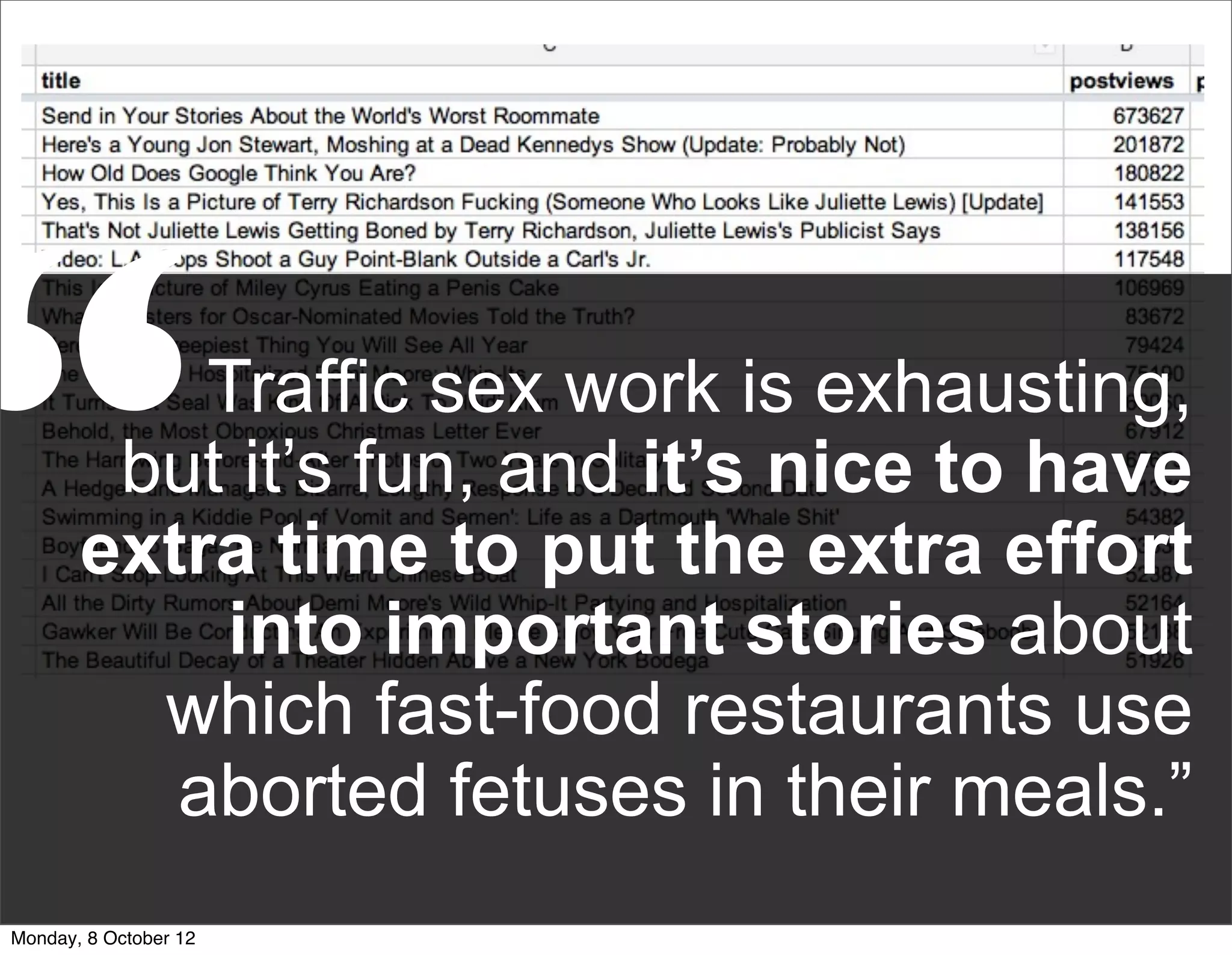 “          Traffic sex work is exhausting,
        but it’s fun, and it’s nice to have
       extra time to put the extra effort
           into important stories about
         which fast-food restaurants use
          aborted fetuses in their meals.”
Monday, 8 October 12
 