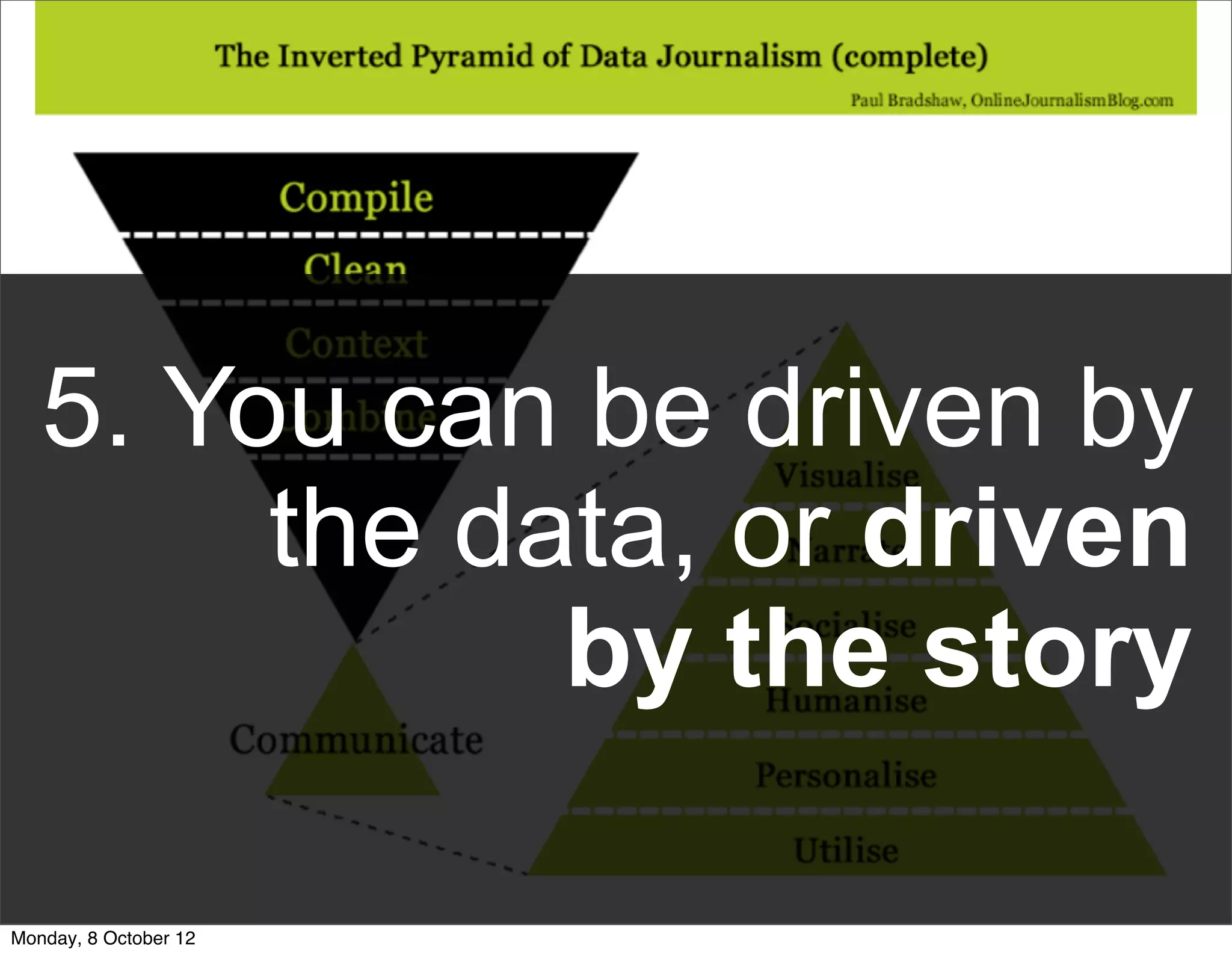 5. You can be driven by
        the data, or driven
              by the story

Monday, 8 October 12
 