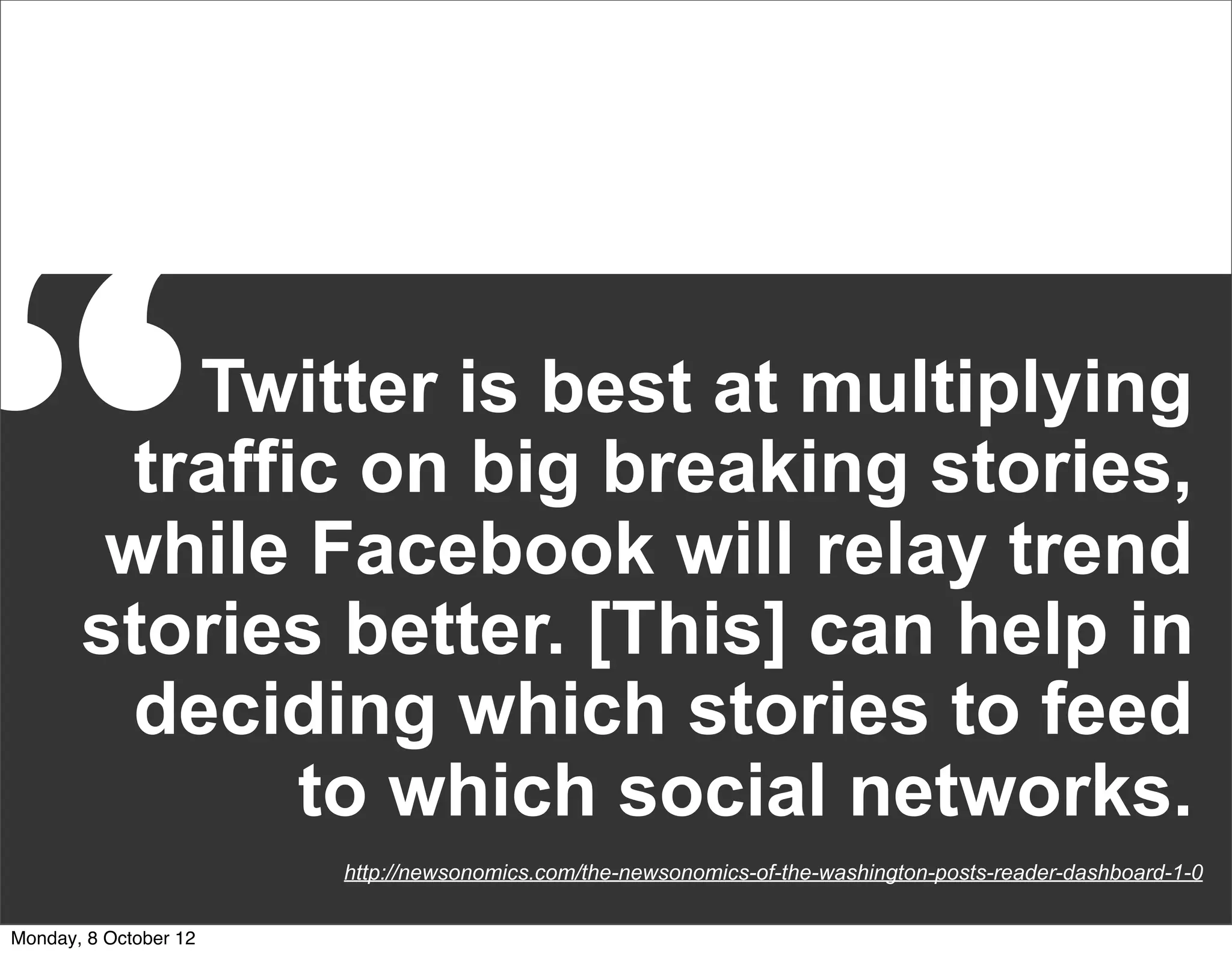 “          Twitter is best at multiplying
         traffic on big breaking stories,
        while Facebook will relay trend
       stories better. [This] can help in
         deciding which stories to feed
               to which social networks.
                       http://newsonomics.com/the-newsonomics-of-the-washington-posts-reader-dashboard-1-0


Monday, 8 October 12
 
