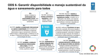 Fonte: UN-DESA SDD, 2015.
ODS 6- Garantir disponibilidade e manejo sustentável da
água e saneamento para todos
6.1
Até 2030, alcançar o
acesso universal e
equitativo à água
potável, segura e
acessível a todos
6.2
Até 2030, alcançar o acesso a
saneamento e higiene adequados e
equitativos a todos, e acabar com a
defecação a céu aberto, com especial
atenção para as necessidades especiais
das mulheres e meninas e daqueles em
situação de vulnerabilidade
6.3
Até 2030, melhorar a qualidade da água,
reduzindo a poluição, eliminando despejo e
minimizando a liberação de produtos químicos
e materiais perigosos, reduzindo à metade a
proporção de água residuais não tratadas, e
aumentando substancialmente a reciclagem e
reutilização segura em âmbito global
6.4
Até 2030, aumentar
substancialmente a eficiência do
uso da água em todos os setores e
assegurar retiradas sustentáveis e o
abastecimento de água doce para
enfrentar a escassez de água, e reduzir
substancialmente o número de pessoas
que sofrem com a escassez de água
6.5
Até 2030, implementar a
gestão integrada dos
recursos hídricos em
todos os níveis, inclusive via
cooperação transfronteiriça,
conforme apropriado
6.6
Até 2020, proteger e restaurar
ecossistemas relacionados
com a água, incluindo
montanhas, florestas, zonas
úmidas, aquíferos e lagos
6.a
Até 2030, ampliar a cooperação internacional
e o apoio à capacitação para os países em
desenvolvimento em atividades e programas
relacionados a água e saneamento, incluindo a
coleta de água, a dessalinização, a eficiência no uso
de água, o tratamento de efluentes, a reciclagem e
as tecnologias de reuso
6.b
apoiar e fortalecer a
participação das
comunidades locais, para
melhorar a gestão da água e
saneamento
 