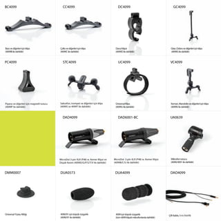 BC4099                                       CC4099                                         DC4099                                        GC4099




Bass ve diğerleri için klips               Çello ve diğerleri için klips                  Davul klipsi                                  Gitar, Dobro ve diğerleri için klips
(4099B ile dahildir)                       (4099C ile dahildir)                           (4099D ile dahildir)                          (4099G ile dahildir)



PC4099                                       STC4099                                        UC4099                                     VC4099




Piyano ve diğerleri için magnetli tutucu   Saksofon, trompet ve diğerleri için klips      Üniversal Klips                               Keman, Mandolin ve diğerleri için klips
(4099P ile dahildir)                       (4099S ve 4099T ile dahildir)                  (4099U ile dahildir)                          (4099V ile dahildir)



                                             DAD4099                                        DAD6001-BC                                 UA0639




                                           MicroDot 3-pin XLR (P48) w. Kemer Klipsi ve   MicroDot 3-pin XLR (P48) w. Kemer Klipsi       Mikrofon tutucu
                                           Düşük Kesim (4099D/G/P/S/T/V ile dahildir)    (4099B/C/U ile dahildir)                       (4090/4091 ile dahildir)



DMM0007                                    DUA0573                                        DUA4099                                      DAO4099




Üniversal Yüzey Altlığı                    4090/91 için köpük rüzgarlık                   4099 için köpük rüzgarlık                   Çift Kablo, 5 m (16.4 ft)
                                           (4090/91 ile dahildir)                         (tüm 4099 klipsli mikrofonlarda dahildir)
 