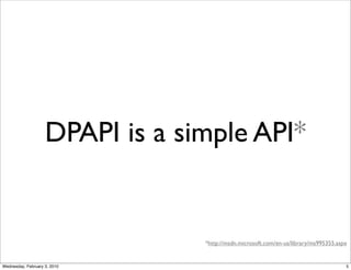 DPAPI is a simple API*


                                 *http://msdn.microsoft.com/en-us/library/ms995355.aspx


Wednesd...