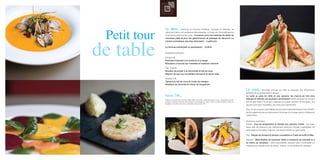 hommes et femmes d’affaires, touristes et riverains, se
retrouvent dans une ambiance décontractée. La carte de l’Aromatik évolue
et se renouvelle tous les mois : l’occasion pour les habitués de tester de
nouveaux plats et pour les gastronomes de passage de découvrir un
univers aromatique des plus étonnants… à petit prix.

La formule entrée/plat ou plat/dessert : 15,90

Quelques exemples :

Entrée 6
Ravioles d’épinard à la ricotta et à la sauge
Mousseux d’avocat aux noisettes et haddock citronné

Plat 13,50
Bouillon de poulet à la citronnelle et lait de coco
Mignon de porc au croustillant de bacon et sauce saté

Dessert 5
Tapioca au lait de coco et coulis de mangue
Moelleux au chocolat et crème de bergamote

                                                                                                                        l’Aromatik change sa carte et propose une déclinaison
                                                                                                      délicate de sa philosophie culinaire.
                                                                                                      La carte se pare de mille et une saveurs, les menus se font plus
Grâce à la baisse de la TVA en juillet 2009, l’Aromatik a décidé de jouer le jeu : embauche de per-
                                                                                                      délicats et rafﬁnés, les produits s’anoblissent (Saint-Jacques et homard
sonnel en cuisine, évolution des salaires et avantages en nature. Pour le consommateur, cerise sur    font la part belle à la souris d’agneau et autres ravioles de foie gras), les
le gâteau, les softs ont connu une baisse des prix de 15%.
                                                                                                      sauces sont plus travaillées, les mets plus recherchés…

                                                                                                      Pour un prix toujours abordable (la formule entrée/plat/dessert est à 35 !),
                                                                                                      les ﬁns gastronomes se retrouveront le temps d’un repas autour d’alliances
                                                                                                      inattendues.

                                                                                                      Quelques exemples :
                                                                                                      Entrée : Duo de langoustine & dorade aux saveurs d’Asie : cet ingé-
                                                                                                      nieux plat de poissons est fraîchement parfumé d’huiles essentielles de
                                                                                                      citronnelle et de basilic tropical, une herbe fraîche au goût anisé.

                                                                                                      Plat : Risotto de homard & jambon croustillant à l’huile de truffe d’Alba.

                                                                                                      Dessert : Mille-feuilles de pommes rôties à l’essence de cannelle & à
                                                                                                      la crème au calvados : cette surprenante douceur allie l’onctuosité du
                                                                                                      mascarpone fouetté et de la crème “fraîche” à une pointe de calvados…
 