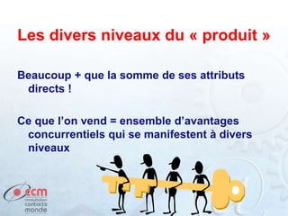 Les divers niveaux du « produit »
Beaucoup + que la somme de ses attributs
directs !
Ce que l’on vend = ensemble d’avantages
concurrentiels qui se manifestent à divers
niveaux
 