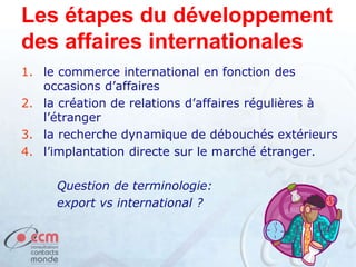 Les étapes du développement
des affaires internationales
1. le commerce international en fonction des
occasions d’affaires
2. la création de relations d’affaires régulières à
l’étranger
3. la recherche dynamique de débouchés extérieurs
4. l’implantation directe sur le marché étranger.
Question de terminologie:
export vs international ?
 