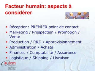 Facteur humain: aspects à
considérer
 Réception: PREMIER point de contact
 Marketing / Prospection / Promotion /
Vente
 Production / R&D / Approvisionnement
 Administration / Achats
 Finances / Comptabilité / Assurance
 Logistique / Shipping / Livraison
 