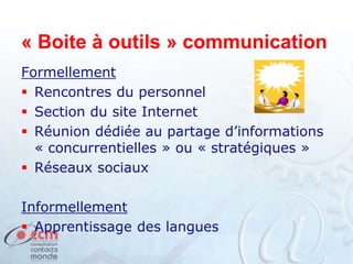« Boite à outils » communication
Formellement
 Rencontres du personnel
 Section du site Internet
 Réunion dédiée au partage d’informations
« concurrentielles » ou « stratégiques »
 Réseaux sociaux
Informellement
 Apprentissage des langues
 