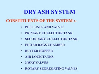 DRY ASH SYSTEM
CONSTITUENTS OF THE SYSTEM :-
• PIPE LINES AND VALVES
• PRIMARY COLLECTOR TANK
• SECONDARY COLLECTOR TANK
• FILTER BAGS CHAMBER
• BUFFER HOPPER
• AIR LOCK TANKS
• 3 WAY VALVES
• ROTARY SEGREGATING VALVES
 