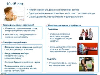10-15 лет 
• Имеют карманные деньги на постоянной основе 
• Проводят время со сверстниками: кафе, кино, торговые центры 
• Самовыражение, подчеркивание индивидуальности 
 Какова роль мамы / родителей? 
 Специфика потребления 
 Неудовлетворенные потребности 
• Снижается степень влияния: страх 
потери эмоционального контакта 
• Попытка быть «на одной волне» + 
желание контролировать 
• Восприимчивы к новинками, особенно 
к тем, которые видят в рекламе 
• Нет устойчивого выбора 
определенной марки, - 
экспериментируют 
• Основной барьер потребления – цена 
• Интенсивность впечатлений, 
выраженность получаемых эмоций 
важнее натуральности 
Подростки 
• Стильные имиджевые 
аксессуары, которые 
ассоциируются с миром 
взрослых 
• Снеки, дающие возможность 
испытать необычные, 
«экстремальные» ощущения 
Родители 
• Функция телефона, - контроль 
местонахождения детей 
 