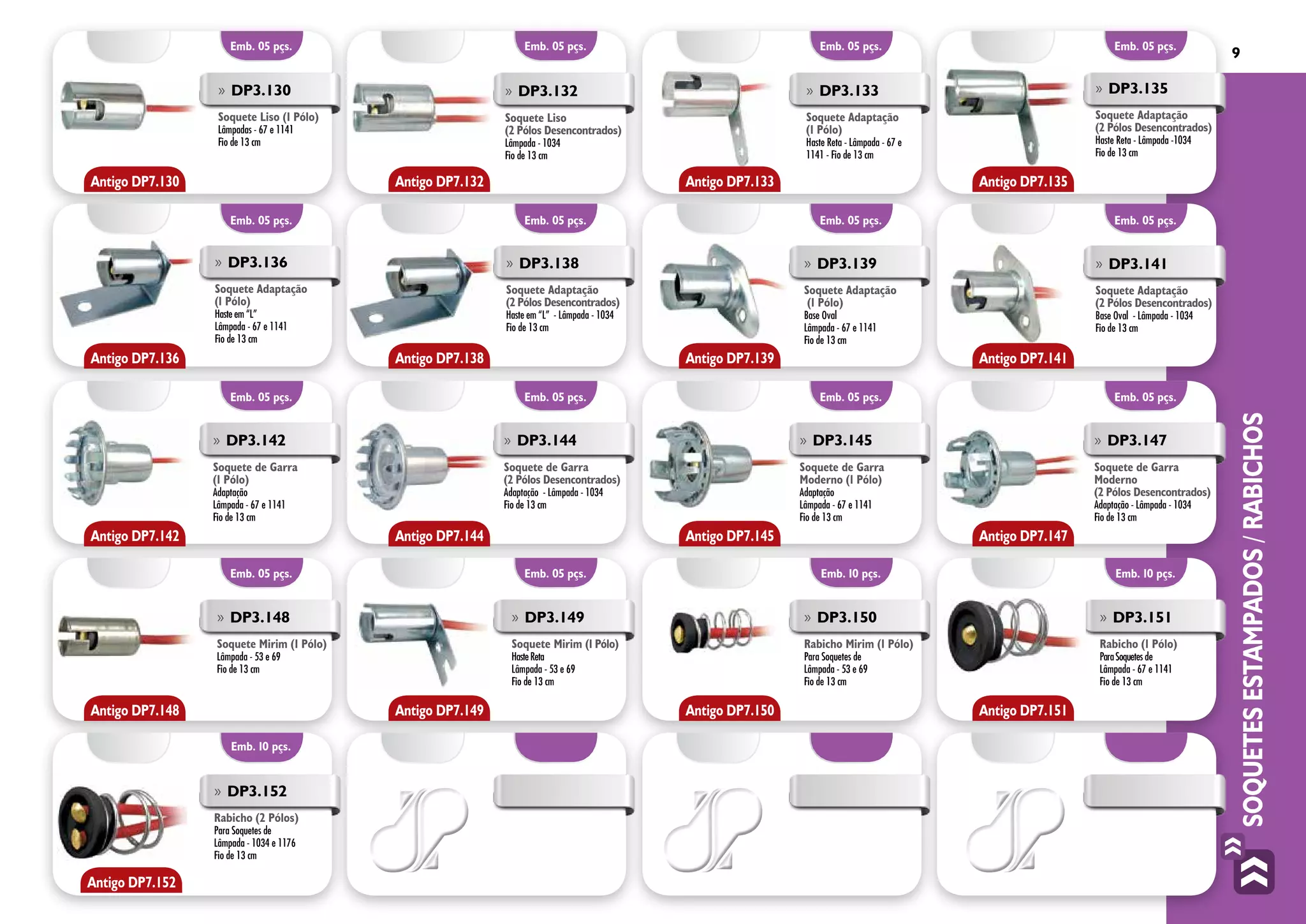 SoquetesEstampados/Rabichos
9
»» DP3.147
Soquete de Garra
Moderno
(2 Pólos Desencontrados)
Adaptação - Lâmpada - 1034
Fio de 13 cm
»» DP3.142
Soquete de Garra
(1 Pólo)
Adaptação
Lâmpada - 67 e 1141
Fio de 13 cm
»» DP3.145
Soquete de Garra
Moderno (1 Pólo)
Adaptação
Lâmpada - 67 e 1141
Fio de 13 cm
»» DP3.144
Soquete de Garra
(2 Pólos Desencontrados)
Adaptação - Lâmpada - 1034
Fio de 13 cm
»» DP3.151
Rabicho (1 Pólo)
ParaSoquetes de
Lâmpada - 67 e 1141
Fio de 13 cm
»» DP3.150
Rabicho Mirim (1 Pólo)
Para Soquetes de
Lâmpada - 53 e 69
Fio de 13 cm
»» DP3.149
Soquete Mirim (1 Pólo)
HasteReta
Lâmpada - 53 e 69
Fio de 13 cm
»» DP3.148
Soquete Mirim (1 Pólo)
Lâmpada - 53 e 69
Fio de 13 cm
Antigo DP7.130
Antigo DP7.136
Antigo DP7.142
Antigo DP7.148
Antigo DP7.132
Antigo DP7.138
Antigo DP7.144
Antigo DP7.149
Antigo DP7.133
Antigo DP7.139
Antigo DP7.145
Antigo DP7.150
Antigo DP7.135
Antigo DP7.141
Antigo DP7.147
Antigo DP7.151
Emb. 05 pçs.
Emb. 05 pçs.
Emb. 05 pçs.
Emb. 05 pçs.
Emb. 05 pçs.
Emb. 05 pçs.
Emb. 05 pçs.
Emb. 05 pçs.
Emb. 05 pçs.
Emb. 05 pçs.
Emb. 05 pçs.
Emb. 10 pçs.
Emb. 05 pçs.
Emb. 05 pçs.
Emb. 05 pçs.
Emb. 10 pçs.
»» DP3.130
Soquete Liso (1 Pólo)
Lâmpadas - 67 e 1141
Fio de 13 cm
»» DP3.132
Soquete Liso
(2 Pólos Desencontrados)
Lâmpada - 1034
Fio de 13 cm
»» DP3.135
Soquete Adaptação
(2 Pólos Desencontrados)
Haste Reta - Lâmpada -1034
Fio de 13 cm
»» DP3.133
Soquete Adaptação
(1 Pólo)
Haste Reta - Lâmpada - 67 e
1141 - Fio de 13 cm
»» DP3.138
Soquete Adaptação
(2 Pólos Desencontrados)
Haste em “L” - Lâmpada - 1034
Fio de 13 cm
»» DP3.141
Soquete Adaptação
(2 Pólos Desencontrados)
Base Oval - Lâmpada - 1034
Fio de 13 cm
»» DP3.139
Soquete Adaptação
(1 Pólo)
Base Oval
Lâmpada - 67 e 1141
Fio de 13 cm
»» DP3.136
Soquete Adaptação
(1 Pólo)
Haste em “L”
Lâmpada - 67 e 1141
Fio de 13 cm
Emb. 10 pçs.
»» DP3.152
Rabicho (2 Pólos)
Para Soquetes de
Lâmpada - 1034 e 1176
Fio de 13 cm
Antigo DP7.152
 