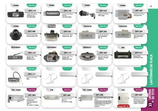 LANTERNAS
DETETO
LANTERNASDEPLACA
13
Emb. 01 pç.
Emb. 01 pç.
Emb. 01 pç.
Emb. 01 pç.
Emb. 01 pç.
Emb. 01 pç.
Emb. 01 pç.
Emb. 01 pç.
Emb. 01 pç.
Emb. 01 pç.
FORD
TOYOTA
MB
FORD
MITSUBISHI MITSUBISHI
CITROËN
PEUGEOT TOYOTA
RENAULT
»» DP7.407
Lanterna de Placa
Ford Ecosport Todos
»» DP7.408
Lanterna de Placa
Ford Courier/Ranger 94/97
»» DP7.381
Lanterna de Placa
Peugeot/Citroën - Todos
»» DP7.383
Lanterna de Placa
Toyota Corolla/Fielder -
Todos - LD
»» DP7.384
Lanterna de Placa
Toyota Corolla/Fielder -
Todos - LE
»» DP7.389
Lanterna de Placa
Renault Clio - Nº Renault
77004107-54
»» DP7.412
Lanterna de Placa
MB 180/Sprinter Todos
»» DP3.117
Lanterna de Placa
Ônibus
»» DP3.119
Lanterna de Placa
Mitsubishi L 200
Mitsubishi Pajero até 01
»» DP3.118
Lanterna de Placa
Mitsubishi L 200
Mitsubishi Pajero 01>
Emb. 01 pç. Emb. 01 pç. Emb. 01 pç. Emb. 01 pç.VW / fORDVW / fORD VW VW
»» DP1.004
Lanterna de Teto
VW 67 a 77
VW: 113947111-1 Antigo
»» DP1.007
Lanterna de Teto
Gol/Parati/Saveiro/Voyage/
Santana/Quantum/Passat
Caminhão - VW: ZBE94711
»» DP1.003
Lanterna de Teto
Sedan/Kombi 86 >
Escort/Verona/Apolo/Gol
1000 95 >
VW: 113.947.111-2 Moderno
»» DP1.005
Lanterna Porta Mala/comp.
Motor
(Lâmpada Torpedo 10 wts) Logus/Pointer/
Santana/Quantum/Gol 95/Escort/Verona/
Versailles/Royalle 95 VW: 379.947.113
Lanterna de Placa
Ford KA 02 > Antigo DP7.107
Emb. 01 pç. Emb. 01 pç. Emb. 01 pç.FORD FORD FORD
»» DP3.110
Lanterna de Placa
KA/Fiesta 97 a 02
Ford: 95GG13550AA
»» DP3.120
Lanterna de Placa
Fiesta 03 >
Ford: 2565/13550/AC
»» DP7.334
Lanterna de Placa
F1000 / Ranger	
 