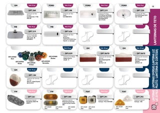 15
LANTERNASDETETOLANTERNAS
LAT.DEPISCA
LanternasDiversas(LanternaLuz
Piloto/LanternadeCortesia)
Emb. 01 pç. Emb. 01 pç.
Emb. 02 pçs.
Emb. 01 pç.
Emb. 05 pçs.
Emb. 01 pç.
Emb. 02 pçs.
Emb. 01 pç.
Emb. 02 pçs.
Emb. 01 pç.
MB MB
GM
vw fiat
GM
vw
GM
fiat
»» DP7.319
Lanterna de Teto
Sprinter 901/903
(Salão Central) - MB
A9018200101
»» DP7.626
Lanterna de Teto
Cabine
Mercedes-Benz
1313/1513/1519/2013 (Cara
Preta) 84 > (c/ Interruptor)
»» DP3.039
Lanterna Luz Piloto
Adaptação Universal
Lâmpada - 53
DP3.039AZ
Azul
DP3.039VD
Verde DP3.039CR
Cristal
DP3.039VM
Vermelho
DP3.039AM
Âmbar
»» DP7.067D
Lanterna de Cortesia
(Porta)
Monza/Kadett/Opala/D20
(Direita)
GM: 94.617.139
»» DP7.067E
Lanterna de Cortesia
(Porta)
Monza/Kadett/Opala/D20
(Esquerda)
GM: 94.617.139
»» DP7.184
Lanterna de Cortesia
(Porta)
Monza 95 > (Direita/Esquerda)
GM: 52.259.427
DP7.400AM
Ambar
DP7.400CR
Cristal
DP7.400FM
Fumê
DP7.392AM
Ambar
DP7.392CR
Cristal
DP7.391AM
Ambar
DP7.391CR
Cristal
»» DP7.361
Lanterna Lateral
Polo/Golf/Bora 2002 Nº VW
1J0949117
»» DP7.400
Lanterna Lateral
VW Polo Classic/Saveiro Van/
Cordoba/Inca/Ibiza/Caminhão
2000
»» DP7.392
Lanterna Lateral
Fiat Ducato > 2005
»» DP7.391
Lanterna Lateral
Fiat Ducato - Nº Fiat 1301076080
Emb. 01 pç.Emb. 01 pç. Emb. 01 pç. Emb. 01 pç.FORDFORDGM FORD
»» DP7.360
Lanterna de Teto
(Fumê)
Corsa/Vectra/Astra - Nº GM
90561390
»» DP7.108
Lanterna de Teto
Corcel II
Ford: BD8M13N701A
»» DP7.219
Lanterna de Teto
Ka 97/00/Escort 96/99/Fiesta
importado/Fiesta Sedan 01/03
Fiesta Nacional 00/03
Ford: 13776/AA
»» DP7.220
Lanterna de Teto
Fiesta 04/04/Ecosport 03/04
Ford: 13776/AB
 