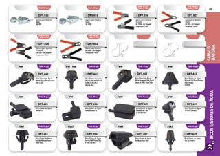 BICOSEJETORESDEÁGUA
25
GARRASDE
BATERIA
Emb. 06 pçs. Emb. 06 pçs.
Emb. 06 pçs.
3 pretas e 3 verm.
Emb. 06 pçs.
3 pretas e 3 verm.
»» DP5.032
Garra para Bateria
Média
Até 50Ah
»» DP7.026
Garra para Bateria -
Grande
Até 100Ah - com Espaguete
Comprimento: 110mm
»» DP7.027
Garra para Bateria -
Média
Até 50Ah - com Espaguete
Comprimento: 85mm
»» DP5.033
Garra para Bateria
Grande
Até 100Ah
Emb. 06 pçs.
3 pretas e 3 verm.
Emb. 06 pçs.
3 pretas e 3 verm.
»» DP7.028
Garra para Bateria -
Pequena
Até 30Ah - com Espaguete
Comprimento: 55mm
»» DP7.602
Garra para Bateria
Até 200Ah - com Espaguete
Comprimento: 150mm
VW VW VW VWEmb. 10 pçs. Emb. 10 pçs. Emb. 10 pçs. Emb. 10 pçs.
»» DP7.634
Bico Ejetor de Água
VW/Gol G IV
»» DP7.636
Bico Ejetor de Água
Caminhão VW 94/00
»» DP7.637
Bico Ejetor de Água
Caminhão VW > 2001
Nº VW 2R0955985
»» DP7.644
Bico Ejetor de Água
VW Gol G III Traseiro
»» DP7.352
Bico Ejetor de Água
Fiat Palio/Weekend/Siena/
Strada Todos
»» DP7.353
Bico Ejetor de Água
Fiat Uno/Mille/Prêmio/Elba
Nº Fiat 7.656.464
»» DP7.447
Bico Ejetor de Água
Fiat Marea/Brava Todos
»» DP7.639
Bico Ejetor de Água
Fiat Uno Traseiro
Emb. 10 pçs. Emb. 10 pçs. Emb. 10 pçs. Emb. 10 pçs.FIAT FIAT FIAT FIAT
VW vw / mb vw vwEmb. 10 pçs. Emb. 10 pçs. Emb. 10 pçs. Emb. 10 pçs.
»» DP7.440
Bico Ejetor de Água
VW Gol/Voyage/Parati/Saveiro
1987 A 2001
»» DP7.441
Bico Ejetor de Água
VW Sedan/Brasília/Variant/TL
N° VW 111.955.993-1
Mercedes Benz
»» DP7.442
Bico Ejetor de Água
VW Gol/Voyage até 1986/Parati/
Saveiro até 1986/ Passat Todos
»» DP7.443
Bico Ejetor de Água
VW Kombi/Gol/Parati/Quantum
(Vidro Traseiro)
Caminhão
 