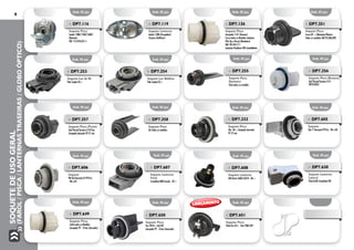SoquetedeUsoGeral
(Farol/Pisca/LanternasTraseiras/GloboÓptico)
8
»» DP7.126
Soquete Pisca
Lâmpada 1141 (Branca)
Corsa todos os Modelos inclusive
Pick-Up e Perua (Dianteiro)
GM: 90.444.711
Lanterna Paralama VW Constellation
Emb. 05 pçs.
»» DP7.255
Soquete Pisca
Dianteiro
Polo todos os modelos
Emb. 05 pçs.
»» DP7.251
Soquete Pisca
Corsa 02 >/Montana/Meriva
Todos os modelos GM 93.386.802
Emb. 05 pçs.
»» DP7.256
Soquete Pisca (Branco)
Gol/Parati/Saveiro G III
VW.953053
Emb. 05 pçs.
»» DP7.116
Soquete Pisca
Sedan 1300/1500/1600/
Dianteiro
VW: 113.953.051-1
Emb. 02 pçs.
»» DP7.253
Soquete Luz de Ré
Polo Sedan 03 >
Emb. 05 pçs.
»» DP7.257
Soquete Pisca (Preto)
Gol/Parati/Saveiro G IV/Fox
Lâmpada Amarela PY 21 wts
Emb. 05 pçs.
»» DP7.119
Soquete Lanterna
Sedan 1300 (Fusquinha)
Traseiro (Refletor)
Emb. 02 pçs.
»» DP7.254
Soquete Luz Neblina
Polo Sedan 03 >
Emb. 05 pçs.
»» DP7.258
Soquete Pisca
KA Todos os modelos
Emb. 05 pçs. Emb. 05 pçs.
»» DP7.332
Soquete Pisca
Clio 04 > Lâmpada Amarela
PY 21 wts
Emb. 05 pçs.
»» DP7.605
Soquete
Clio 1ª Geração PY21w - 96 a 02
Emb. 05 pçs.
»» DP7.608
Soquete Lanterna
GM Vectra GMB A3310 - 06 >
Emb. 05 pçs.
»» DP7.607
Soquete Lanterna
Farol
Caminhão MBB Accelo - 02 >
Emb. 05 pçs.
»» DP7.606
Soquete
VW Gol Geração III PY21w
- 98 a 05
Emb. 05 pçs.
»» DP7.630
Soquete Lanterna
Lateral
Polo/Golf/Caminhão VW
Emb. 05 pçs.
»» DP7.649
Soquete Pisca
Celta todos os Modelos
Lâmpada PY - 21wts (Amarela)
Emb. 05 pçs. Emb. 05 pçs.
»» DP7.650
Soquete Pisca
Fox 2010 > Gol GVI
Lâmpada PY - 21wts (Amarela)
»» DP7.651
Soquete Pisca
Palio Fire 05 > Fiat 7084.391
LANÇAMENTO
 
