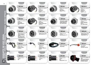 SoquetedeUsoGeral
(Farol/Pisca/LanternasTraseiras/GloboÓptico)
6 Emb. 05 pçs.
Emb. 05 pçs.
Emb. 05 pçs.
Emb. 05 pçs.
Emb. 05 pçs.
Emb. 05 pçs.
Emb. 01 pç.
Emb. 05 pçs.
Emb. 05 pçs.
Emb. 05 pçs.
Emb. 05 pçs.
Emb. 05 pçs.
Emb. 05 pçs.
Emb. 05 pçs.
Emb. 05 pçs.
Emb. 05 pçs.
»» DP3.050C
Soquete para Lanterna
(1 Pólo)
Ônibus/Caminhão
Com Chicote
Lâmpada - 05, 10 e 21 wts
»» DP3.051
Soquete para Lanterna
(2 Pólos)
Ônibus/Caminhão
Lâmpada - 05 / 21 wts
»» DP3.051C
Soquete para Lanterna
(2 Pólos)
Ônibus/Caminhão
Com Chicote
Lâmpada -05 / 21 wts
»» DP3.050
Soquete para Lanterna
(1 Pólo)
Ônibus/Caminhão
Lâmpada - 05, 10 e 21 wts
»» DP3.054
Soquete para Lanterna
(1 Pólo)
Ônibus/Caminhão
Lâmpada Amarela Base PY
21 wts
»» DP3.054C
Soquete para Lanterna
(1 Pólo)
Ônibus/Caminhão
Com Chicote Lâmpada Amarela
Base PY 21 wts 	
»» DP3.065
Soquete Pisca (1 Pólo)
Traseiro/dianteiro Mitsubishi/
Mitsubishi L 200/Pajero 01>
Busscar /Ônibus/Caminhão
»» DP3.066
Soquete Lanterna
(2 Pólos)
Mitsubishi L 200/Mitsubishi
Pajero 01>
Busscar /Ônibus/Caminhão
»» DP3.068
Soquete Pisca (1 Pólo)
Ônibus Marcopolo Volare - G IV
»» DP3.069
Soquete Lanterna
(2 Pólos)
Ônibus Marcopolo Volare - G IV
»» DP3.070
Soquete Pisca (1 Pólo)
Ônibus Marcopolo Volare - G IV
Lâmpada Amarela PY 21 wts
»» DP3.067
Soquete Pisca Traseiro/
Dianteiro (1 Pólo)
Mitsubishi L 200/Mitsubishi
Pajero 01>
Busscar /Ônibus/Caminhão
Lâmpada Amarela PY 21 wts
»» DP3.072
Soquete para
Lanternas
Lateral e Teto
Para Ônibus e Caminhões com
guarda-pó
»» DP3.076
Soquete Globo Ótico
Ônibus Marcopolo
»» DP3.077
Conj. Soquete
Traseira Gol G IV
Lado Esquerdo e Lado Direito
»» DP3.071
Soquete para Lanternas
Lateral e Teto
Para Ônibus e Caminhões
Sem guarda-pó
»» DP3.078
Soquete de Garra
(1 Pólo)
Nylon
»» DP3.079
Soquete de Garra
(2 Pólos)
Nylon
»» DP3.080
Soquete de Garra
(1 Pólo)
Nylon
Lâmpada Amarela PY - 21 wts
»» DP3.091
Soquete Farol (ARTEB)
Gol GV
Saveiro/Voyage VW: 5U094109A
Adaptação Astra 99 a 02
GM: 93289979 Lâmpada H7
Emb. 05 pçs. Emb. 05 pçs. Emb. 05 pçs. Emb. 05 pçs.
 