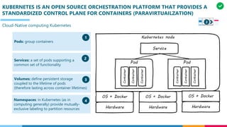 KUBERNETES IS AN OPEN SOURCE ORCHESTRATION PLATFORM THAT PROVIDES A
STANDARDIZED CONTROL PLANE FOR CONTAINERS (PARAVIRTUAILZATION)
Cloud-Native computing Kubernetes
Pods: group containers
Services: a set of pods supporting a
common set of functionality
Volumes: define persistent storage
coupled to the lifetime of pods
(therefore lasting across container lifetimes)
Namespaces: in Kubernetes (as in
computing generally) provide mutually-
exclusive labeling to partition resources
1
2
3
4
2
 