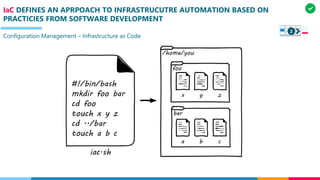 IaC DEFINES AN APRPOACH TO INFRASTRUCUTRE AUTOMATION BASED ON
PRACTICIES FROM SOFTWARE DEVELOPMENT
Configuration Management – Infrastructure as Code
2
 