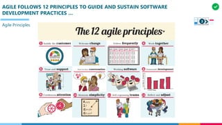 AGILE FOLLOWS 12 PRINCIPLES TO GUIDE AND SUSTAIN SOFTWARE
DEVELOPMENT PRACTICES …
Agile Principles
3
 