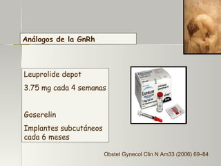 Análogos de la GnRh Leuprolide depot 3.75 mg cada 4 semanas Goserelin  Implantes subcutáneos cada 6 meses Obstet Gynecol Clin N Am33 (2006) 69–84 