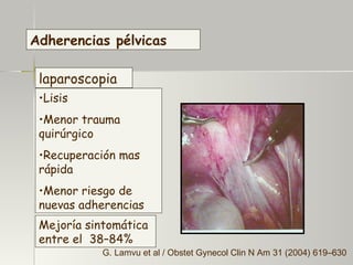 Adherencias pélvicas laparoscopia Lisis  Menor trauma quirúrgico Recuperación mas rápida Menor riesgo de nuevas adherencias G. Lamvu et al / Obstet Gynecol Clin N Am 31 (2004) 619–630 Mejoría sintomática entre el  38–84% 