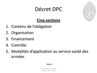 Décret DPC
1.
2.
3.
4.
5.

Cinq sections
Contenu de l’obligation
Organisation
Financement
Contrôle
Modalités d’application...
