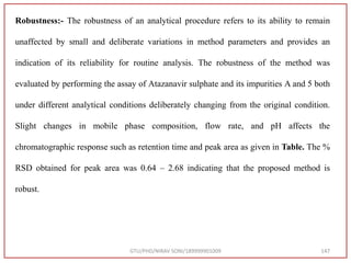 GTU/PHD/NIRAV SONI/189999901009 147
Robustness:- The robustness of an analytical procedure refers to its ability to remain
unaffected by small and deliberate variations in method parameters and provides an
indication of its reliability for routine analysis. The robustness of the method was
evaluated by performing the assay of Atazanavir sulphate and its impurities A and 5 both
under different analytical conditions deliberately changing from the original condition.
Slight changes in mobile phase composition, flow rate, and pH affects the
chromatographic response such as retention time and peak area as given in Table. The %
RSD obtained for peak area was 0.64 – 2.68 indicating that the proposed method is
robust.
 